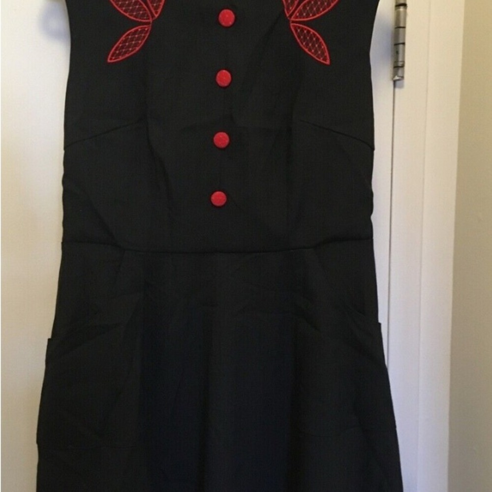 Voodo vixen Black Dress with Red Embroidery Buttons pockets - Picture 2 of 3